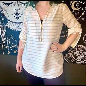 Calvin Klein Blouse Beige/Gold and White Stripes with Gold Zipper Sz M